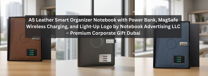 A5 Leather Smart Organizer Notebook with Power Bank, MagSafe Wireless Charging, and Light-Up Logo by Notebook Advertising LLC – Premium Corporate Gift Dubai