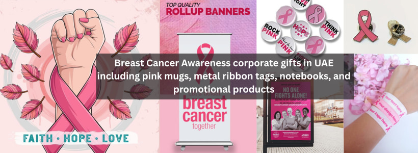 Breast Cancer Awareness corporate gifts in UAE including pink mugs, metal ribbon tags, notebooks, and promotional products