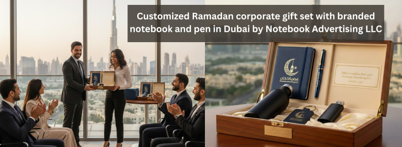 Customized Ramadan corporate gift set with branded notebook and pen in Dubai by Notebook Advertising LLC