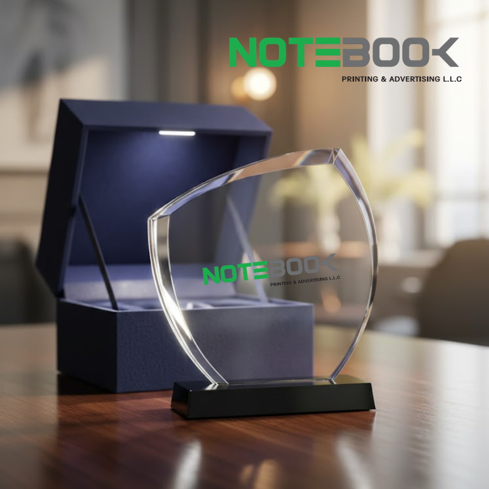 Custom-branded crystal trophy for corporate awards and employee recognition Dubai