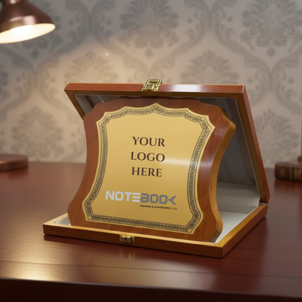 Custom wooden award plaque with box for corporate recognition