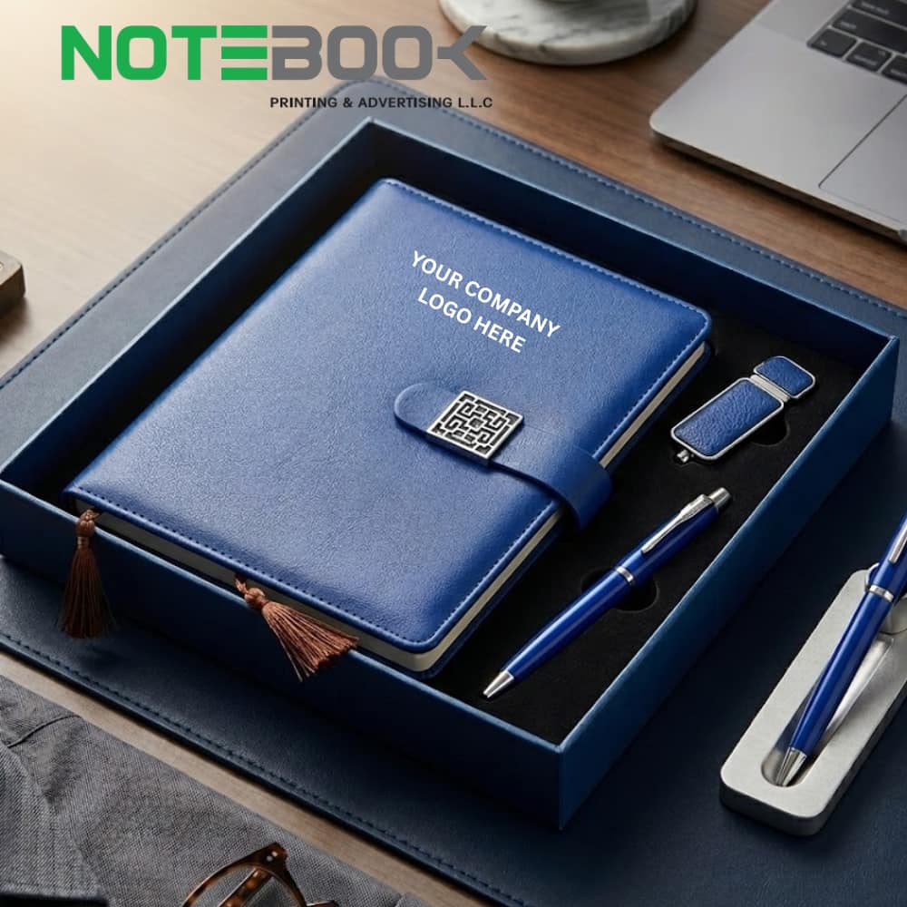 Customized corporate gift set Sharjah with blue notebook, pen and USB