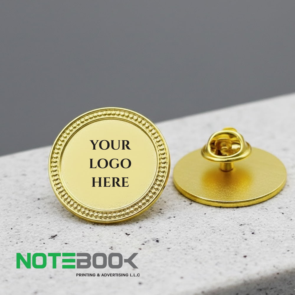 Gold round lapel pin with custom logo epoxy sticker metal pin badge