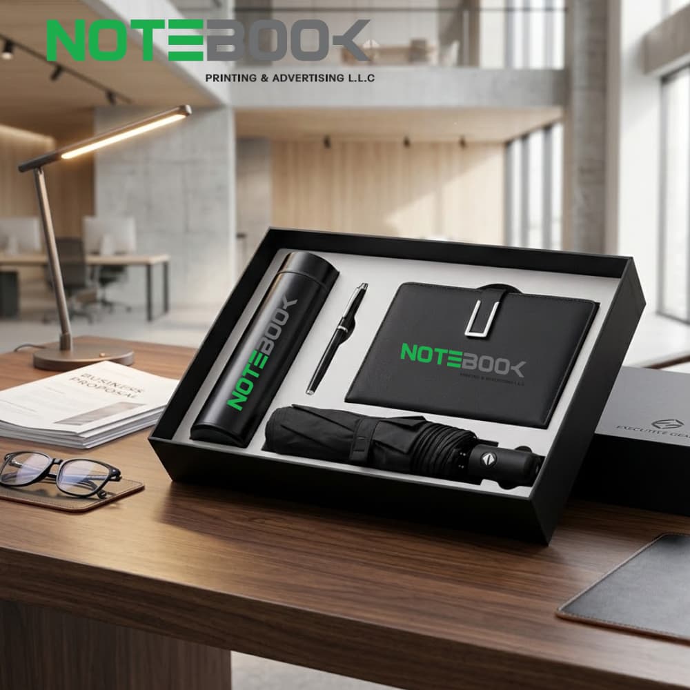 Luxury corporate gift set Abu Dhabi with umbrella, water bottle, notebook, and pen