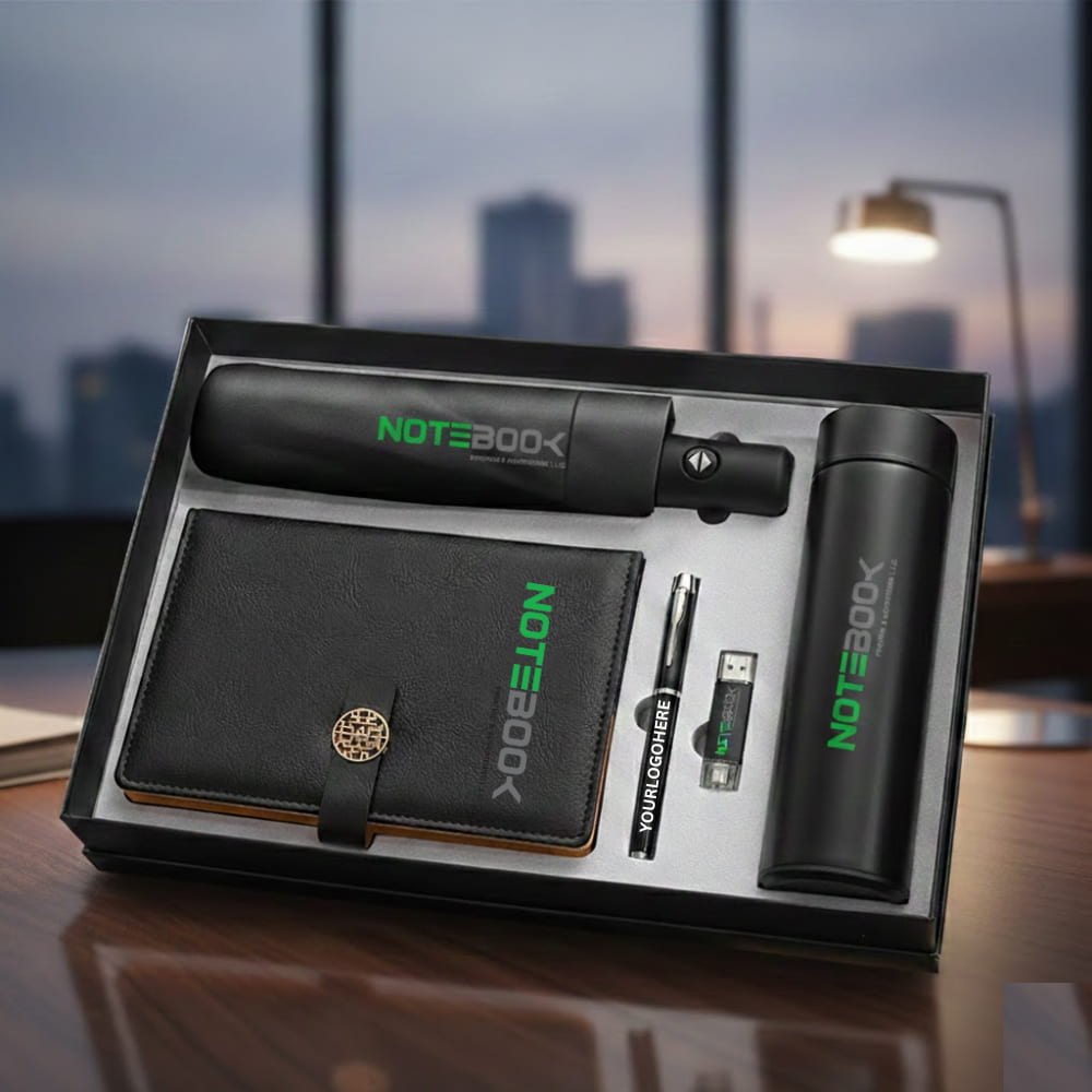 Luxury corporate gift set Dubai with umbrella, vacuum flask, notebook, USB, and pen