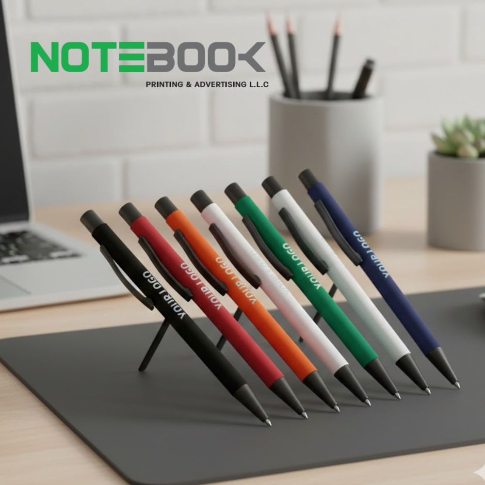 Minimalist metal ballpoint pen printing Dubai with soft-touch finish