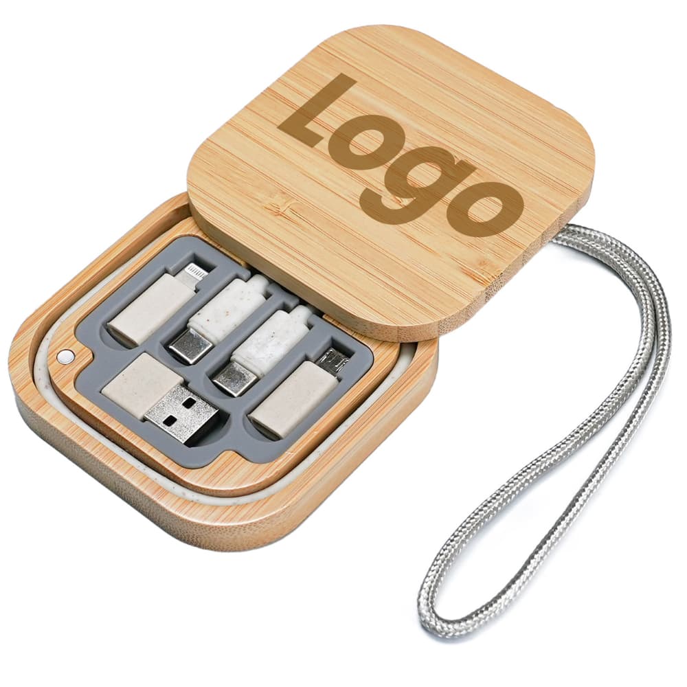 Multi-Charging Cable Set in Square Bamboo Case – Eco-Friendly USB Charger for Travel & Office in Dubai