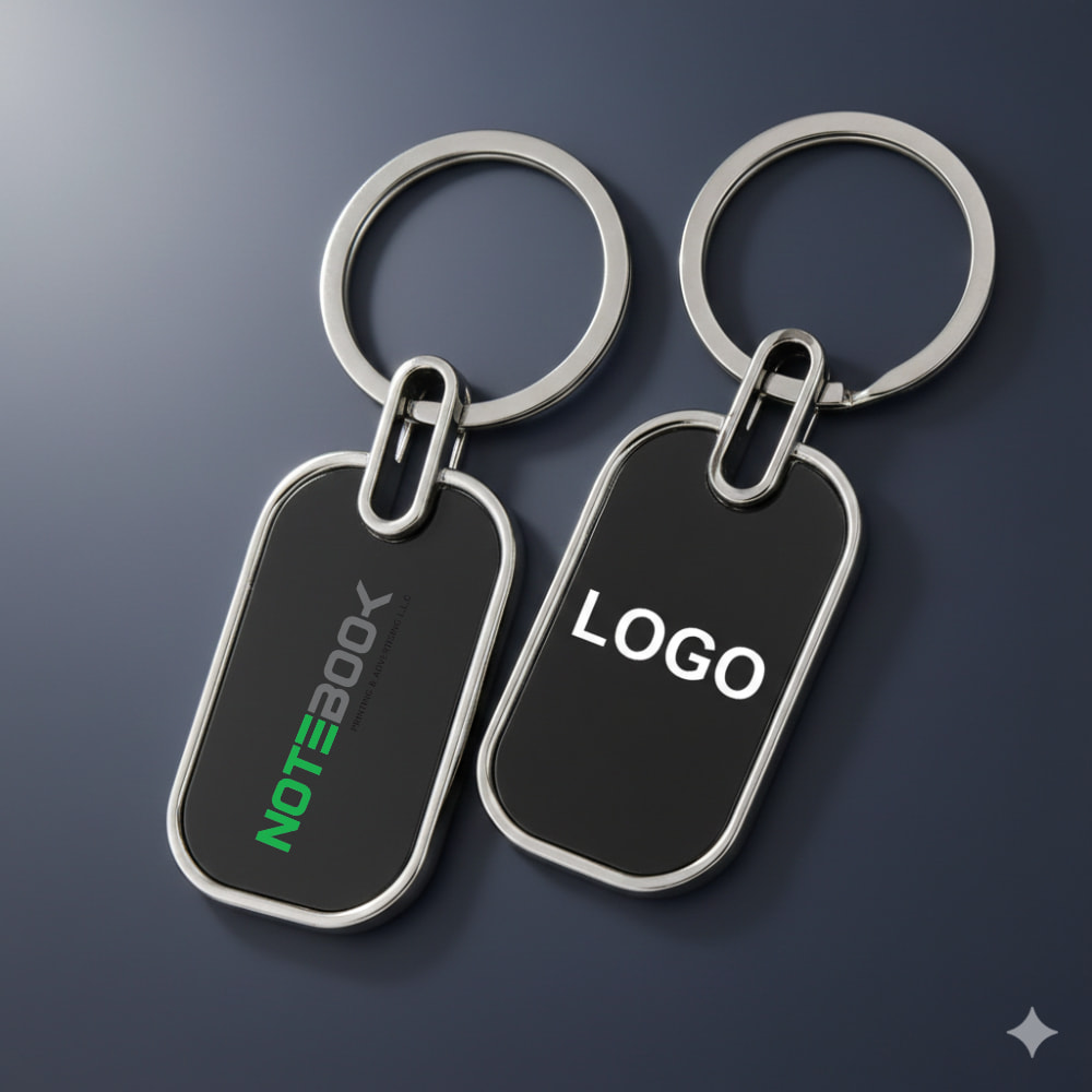 Premium metal keychain with custom logo printing by Notebook Advertising LLC