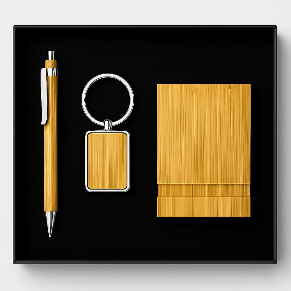 Personalized Wooden Pen with Company Logo – Eco-Friendly Corporate Gift Dubai (Pen, Keychain & Mobile Stand)