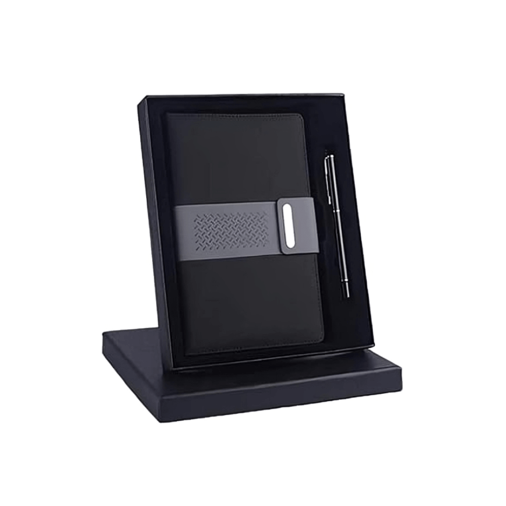 Premium leather notebook and metal pen gift set customized with logo – branded corporate gifts Dubai, promotional giveaways UAE, personalized diary pen sets for employees by Notebook Advertising LLC