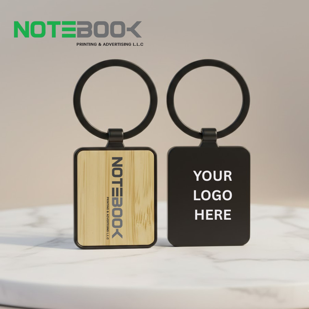 Rectangle bamboo metal keychain with logo printing and laser engraving for corporate gifts