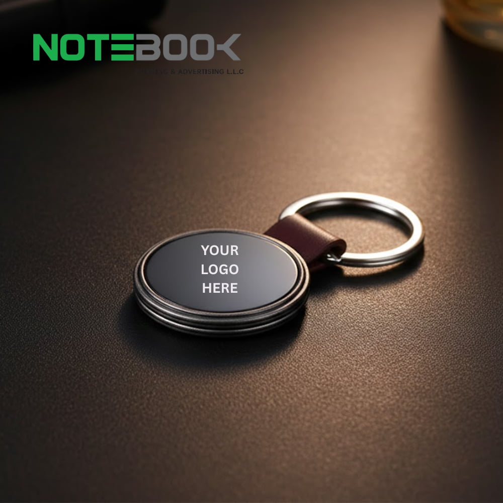 Round metal keychain with PU leather plate, keychain printing and laser engraving logo