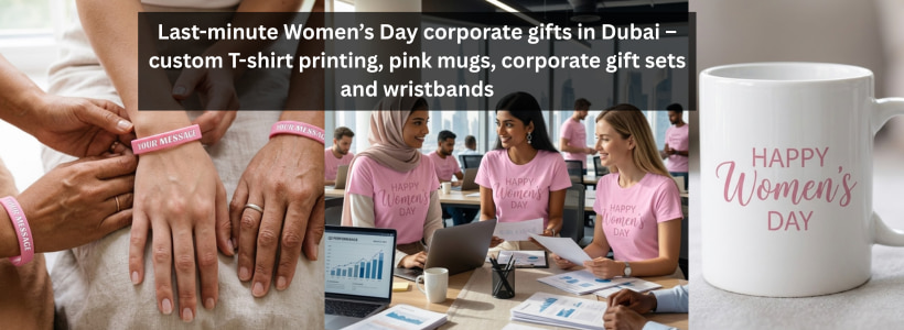 Last-minute Women’s Day corporate gifts in Dubai – custom T-shirt printing, pink mugs, corporate gift sets and wristbands