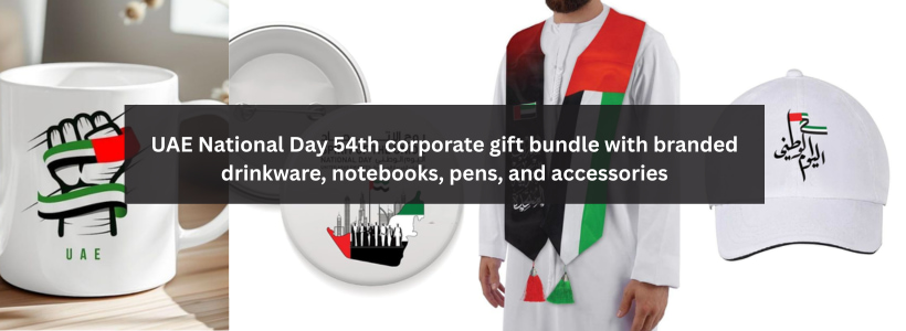 UAE National Day 54th corporate gift bundle with branded drinkware, notebooks, pens, and accessories