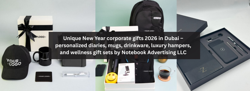 Unique New Year corporate gifts 2026 in Dubai – personalized diaries, mugs, drinkware, luxury hampers, and wellness gift sets by Notebook Advertising LLC