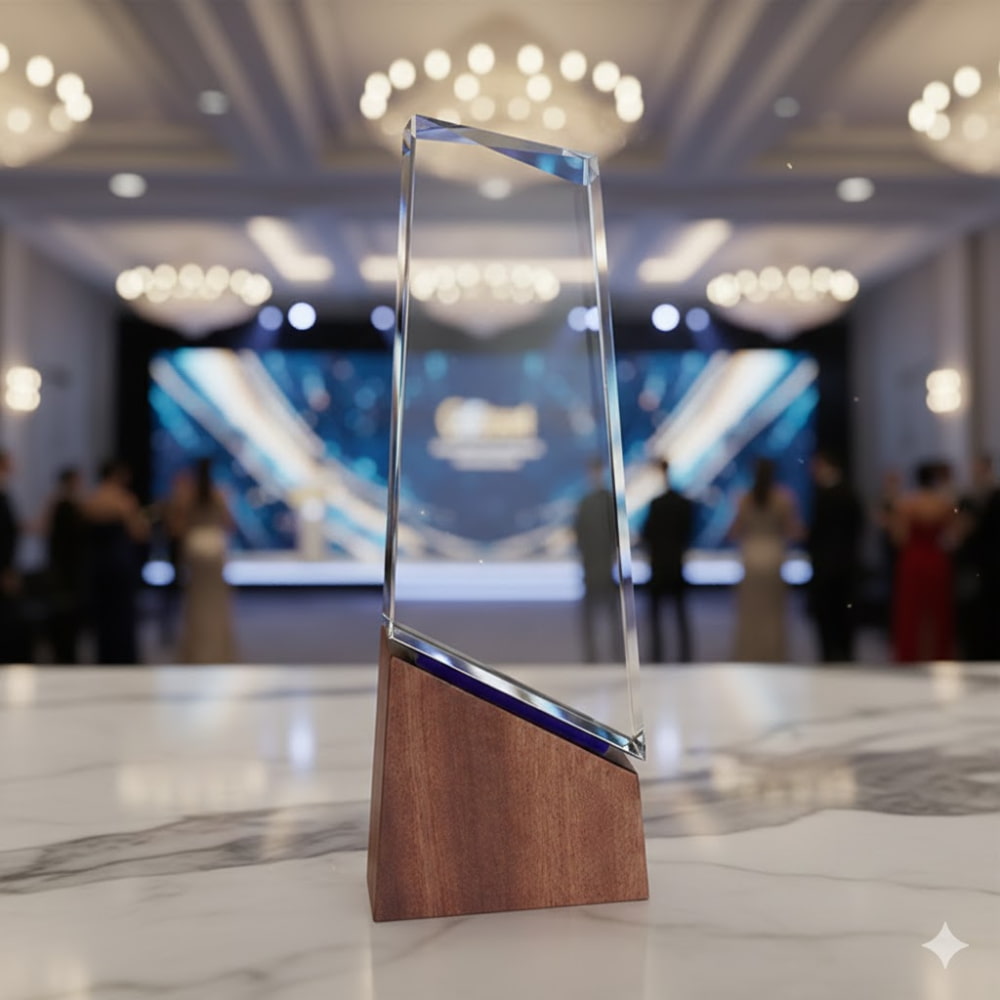 Crystal award with wooden base Abu Dhabi – corporate trophy