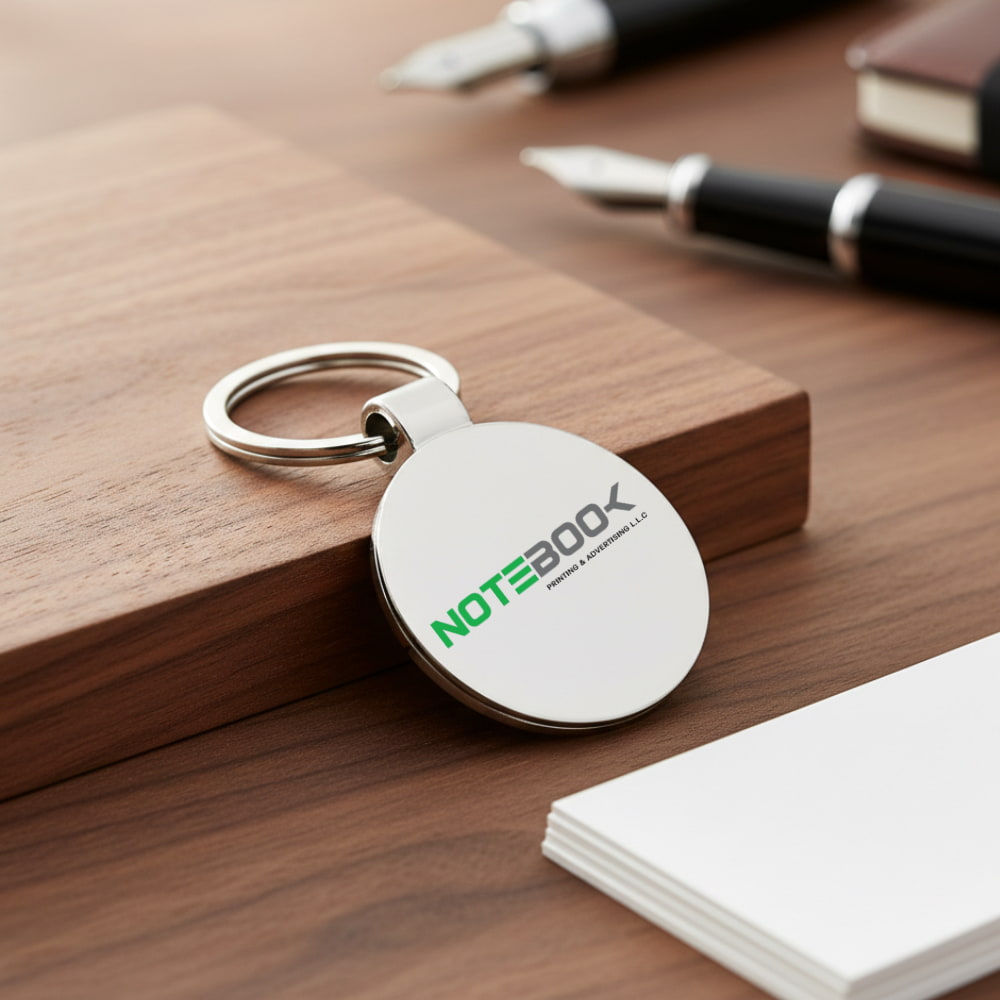 Round metal key holder for custom keychain printing and promotional corporate gifts by Notebook Advertising LLC Dubai