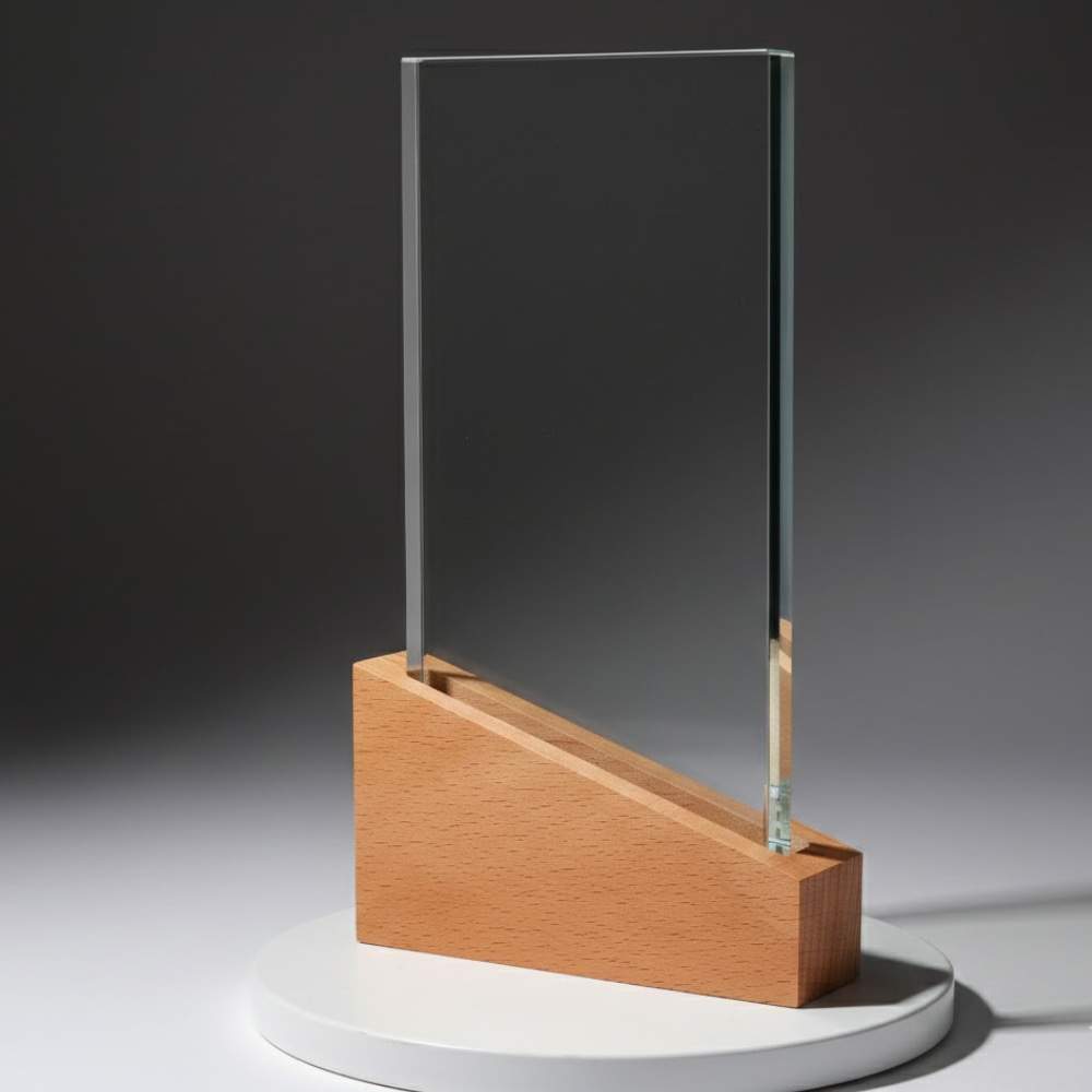 Rectangle shape crystal award with wooden base for corporate recognition Dubai