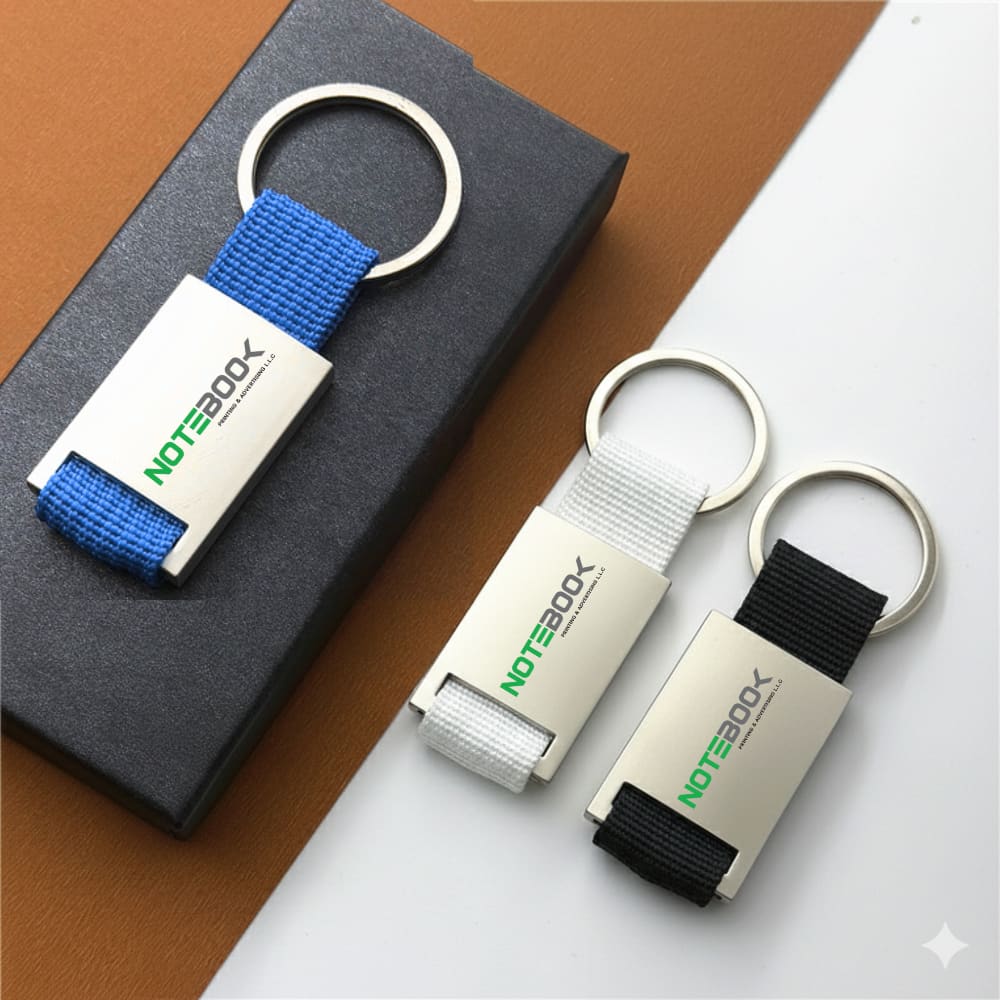 Metal rectangular key ring with coloured polyester webbing for custom branding
