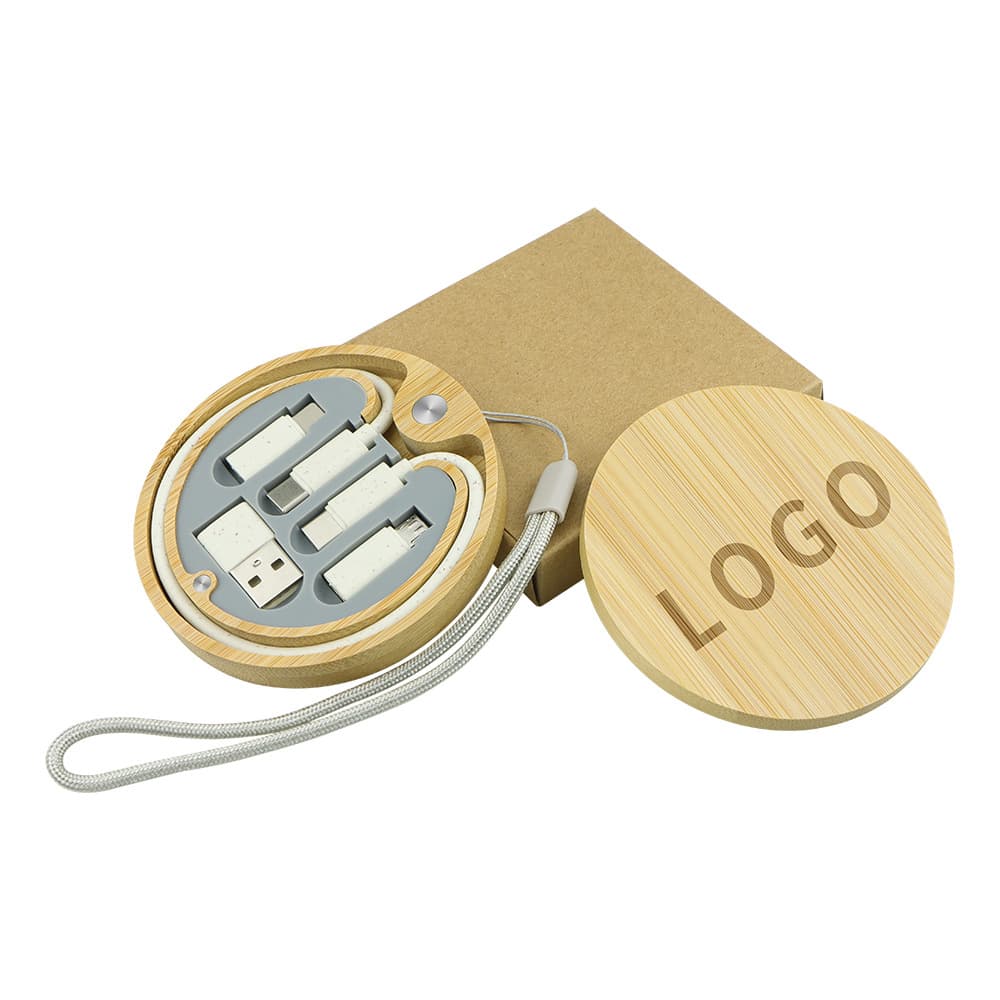 Personalized Multi-Charging Cable Set in Round Bamboo Case UAE