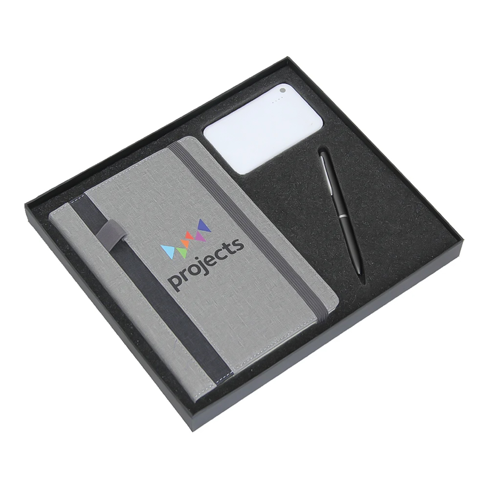 Customizable Corporate Promotional Gift Set with A5 Notebook, Metal Pen with Stylus, and Card Powerbank – Corporate Gifts Supplier Dubai